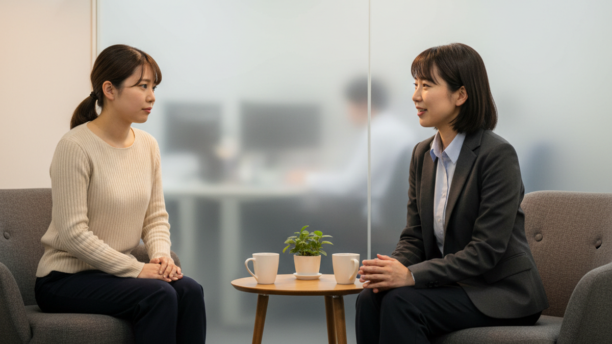 落ち着いた空間でスーパーバイザーがオペレーターと1on1面談を行っている