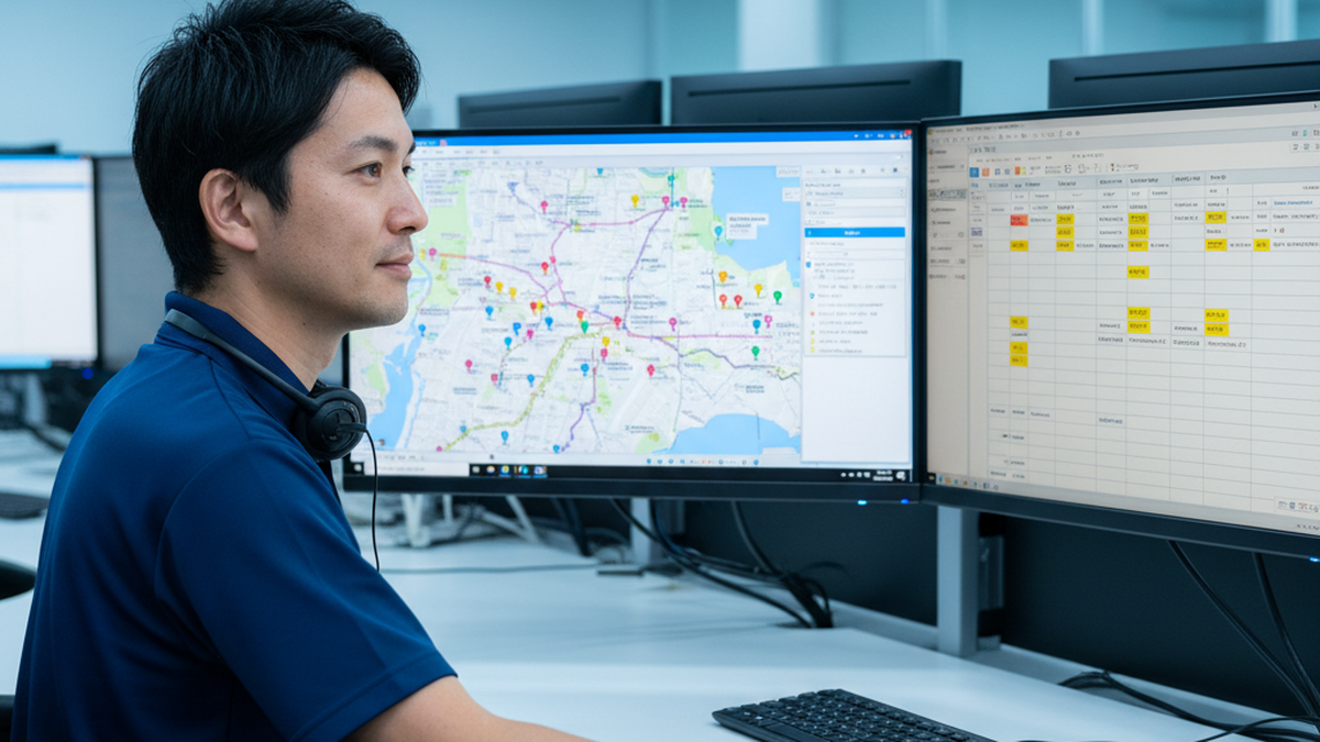 ディスパッチ管理センターでマップとスケジュールボードを確認しながら技術者を手配するオペレーター