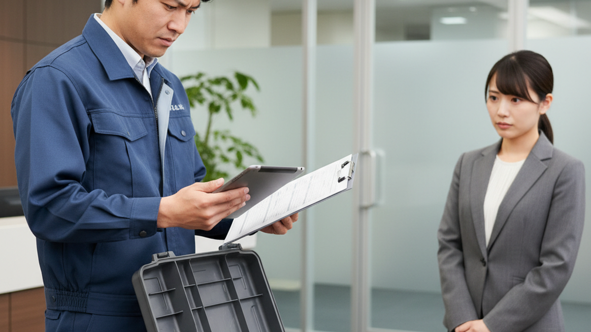 必要部品が不足したまま顧客先に到着したフィールド技術者の様子