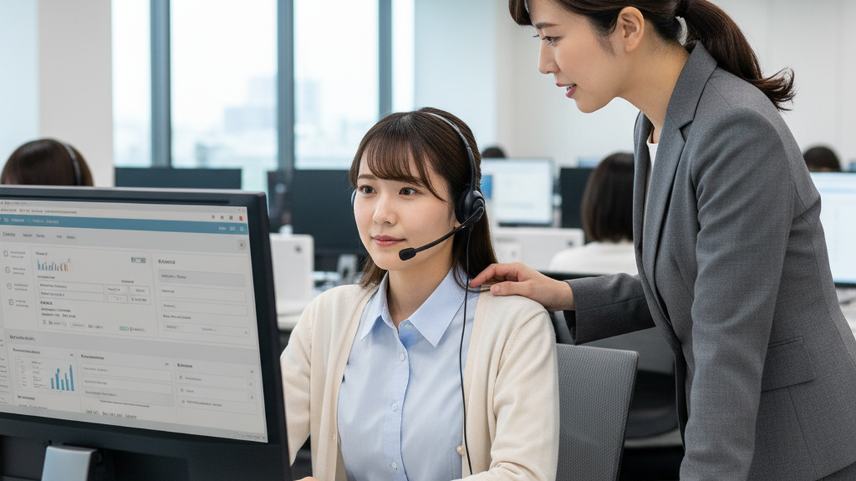 新人オペレーター研修の様子：先輩社員がヘッドセットを装着した新人オペレーターにCRM画面を指導している