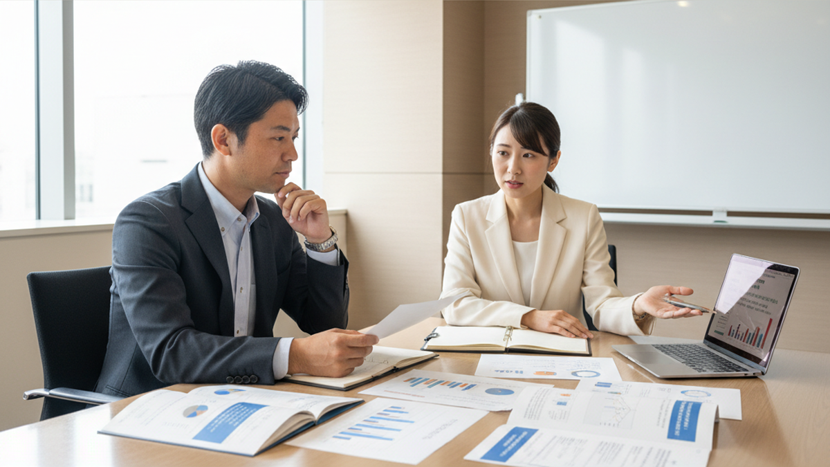 研修会社の担当者が提案資料を基にクライアントと打ち合わせをしている