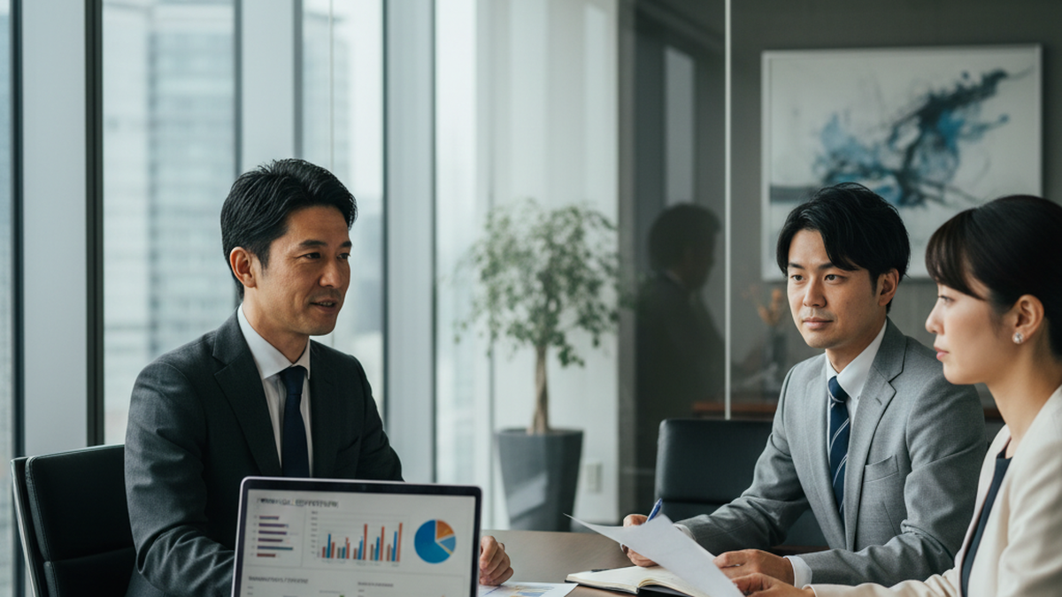 センター管理者が会議室で経営データを基にチームと運営戦略を議論している