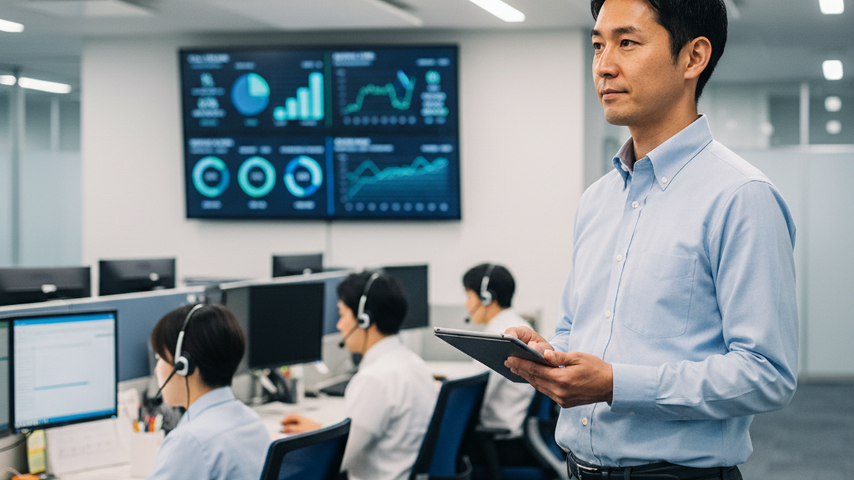 スーパーバイザーがタブレットを持ちながらコールセンターフロアでKPIダッシュボードを確認している