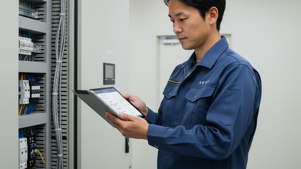サーバールームでタブレットを使い作業報告を電子入力するフィールド技術者