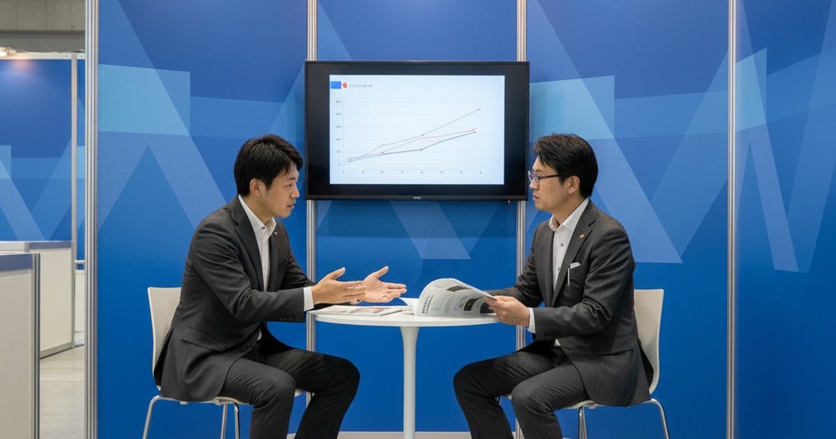 展示会ブース内での商談風景