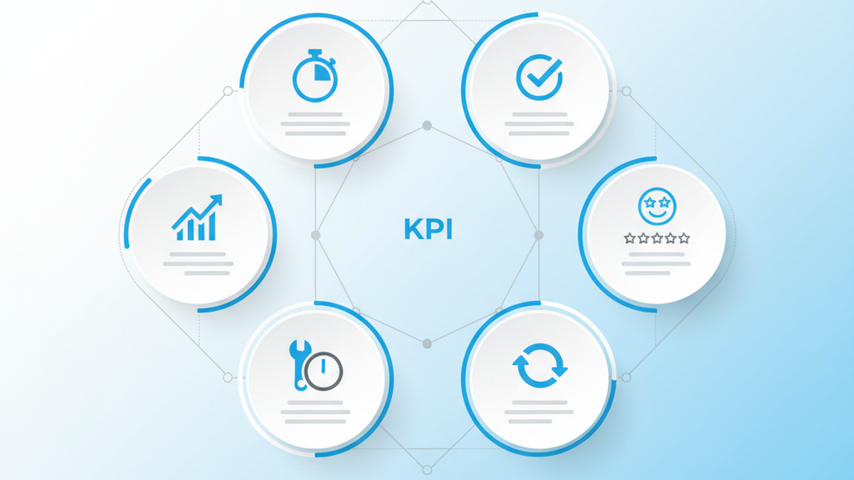 テクニカルサポートのKPI設計を示すインフォグラフィック:FRT・FCR・エスカレーション率・CSAT・MTTR・再問い合わせ率の6指標
