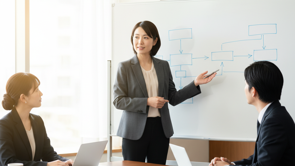 ホワイトボードで導入プロセスのフローを説明する担当者