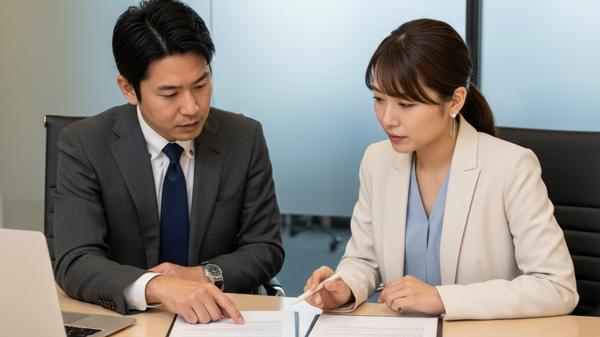 契約書の業務範囲を確認する委託元と委託先の担当者