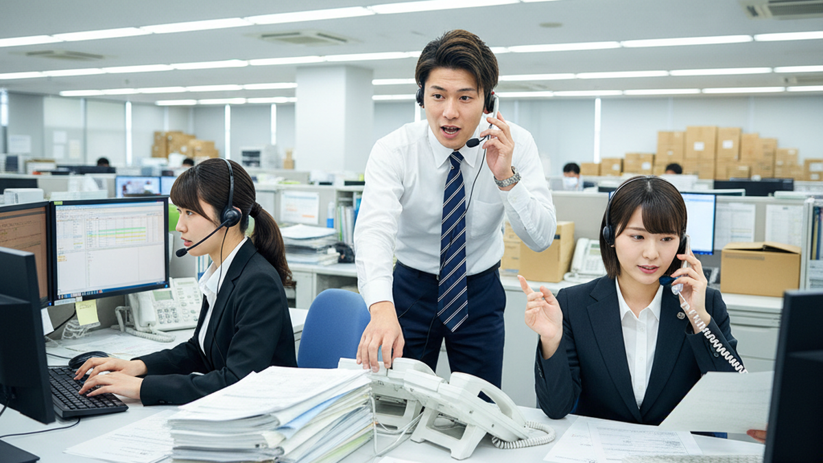 繁忙期に電話対応と受注処理に追われるバックオフィスの様子