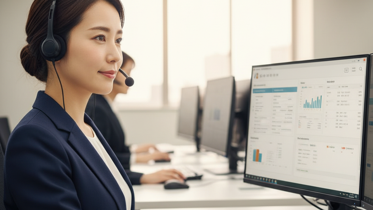 CRM画面を確認しながら営業対応を行うコールセンターオペレーター
