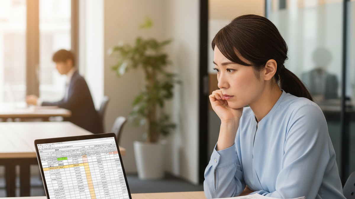 増加する受注伝票に囲まれながら注文管理画面を確認する担当者