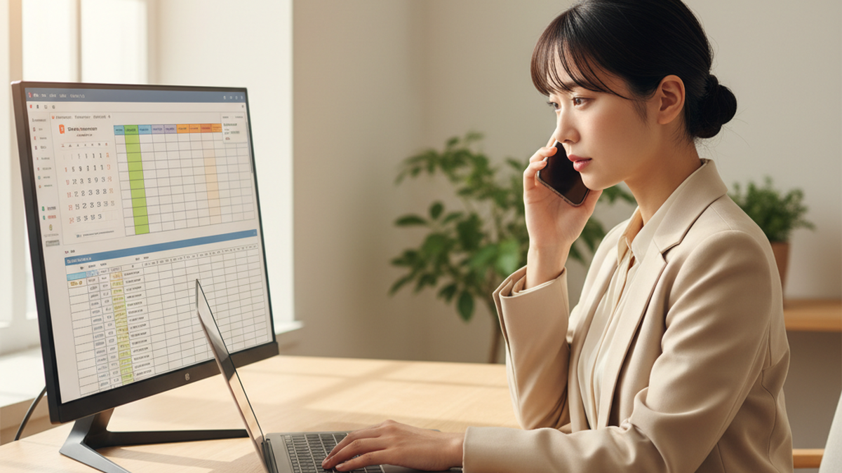 電話をしながらPCで作業するオンライン秘書