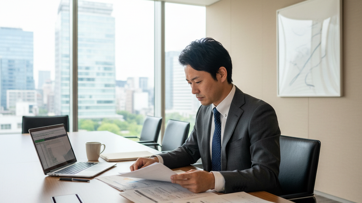 会議室で法令文書を確認する品質管理担当者