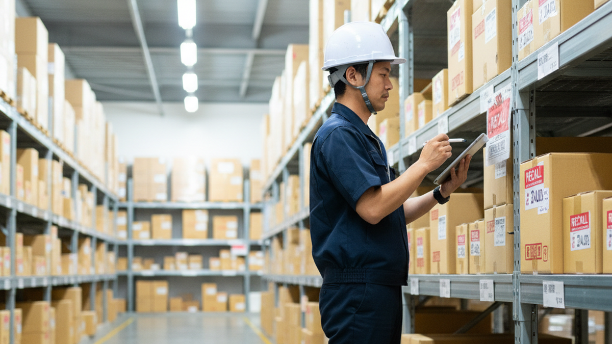 倉庫で製品の検品・仕分けを行うリコール回収作業