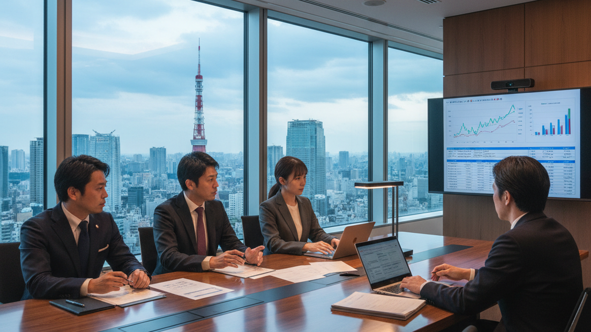 高層ビルの会議室で行われる大型商談のシーン