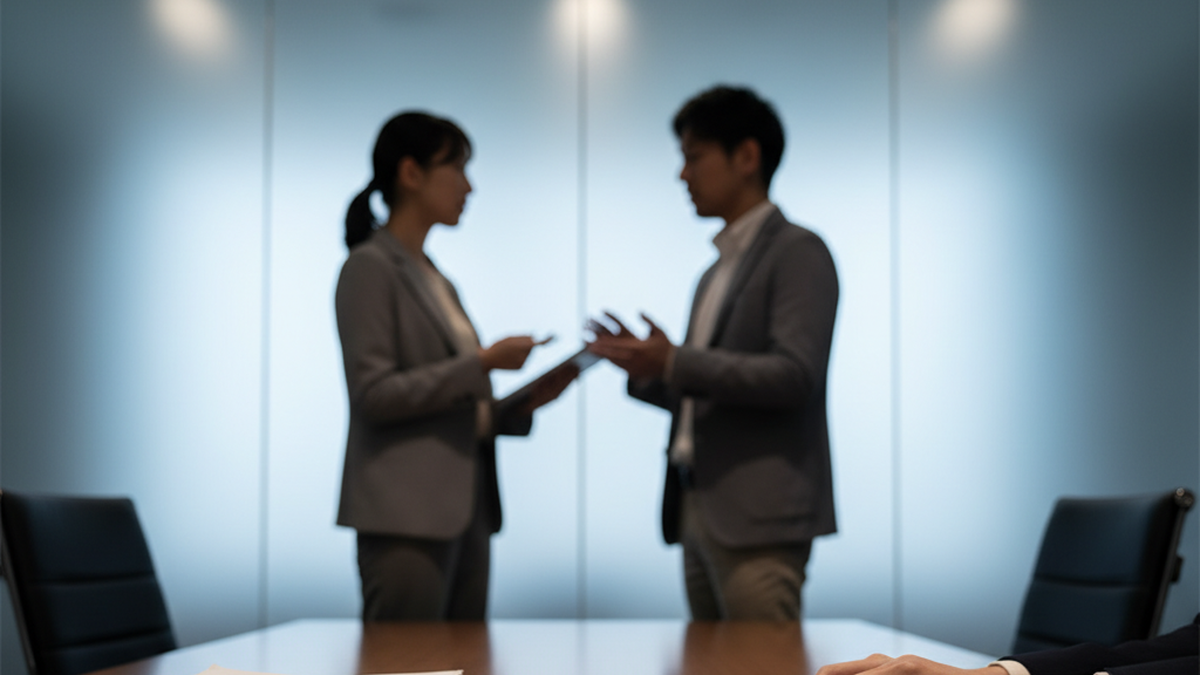 ガラス越しの対話で見えるものと見えないものを象徴するビジネスシーン