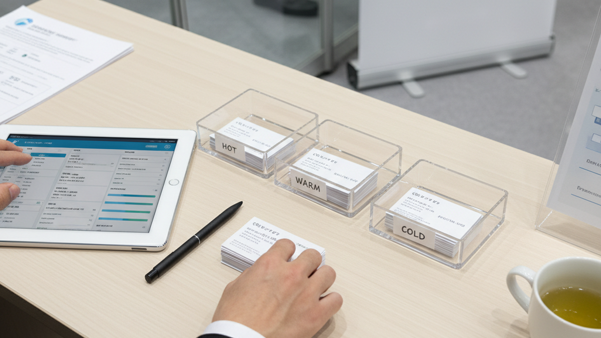 名刺をA/B/Cランクに分類する様子