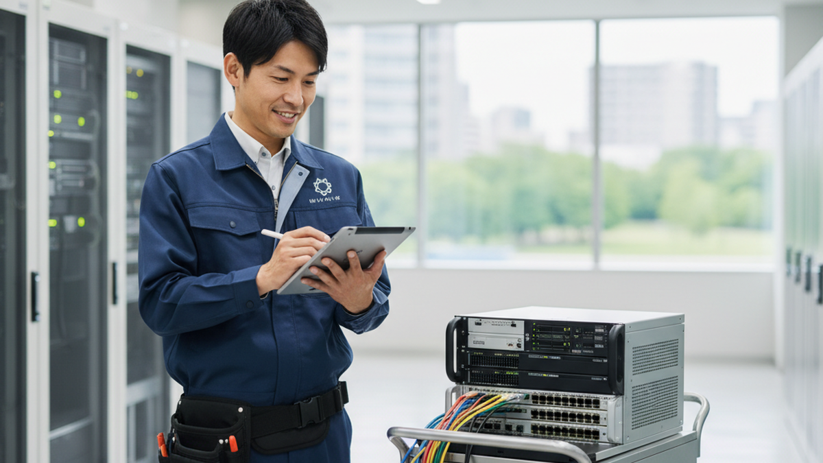 修理完了後にタブレットで報告書を作成する技術者