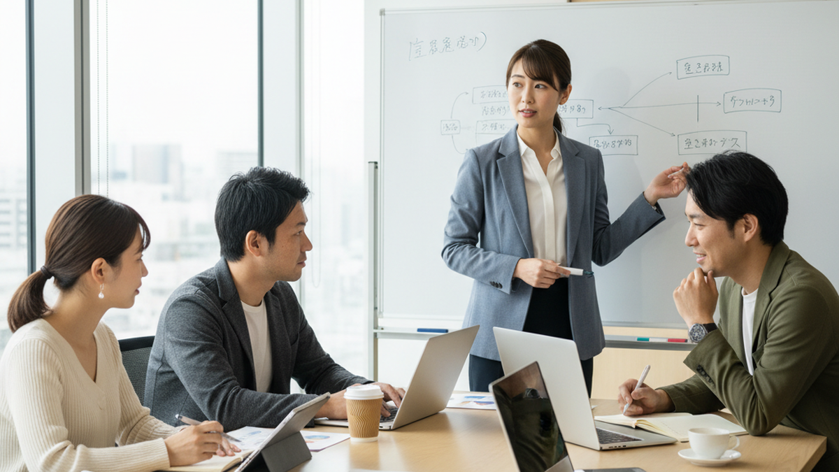 多様なメンバーがホワイトボード前でアタックリストの作成手順を議論する会議風景