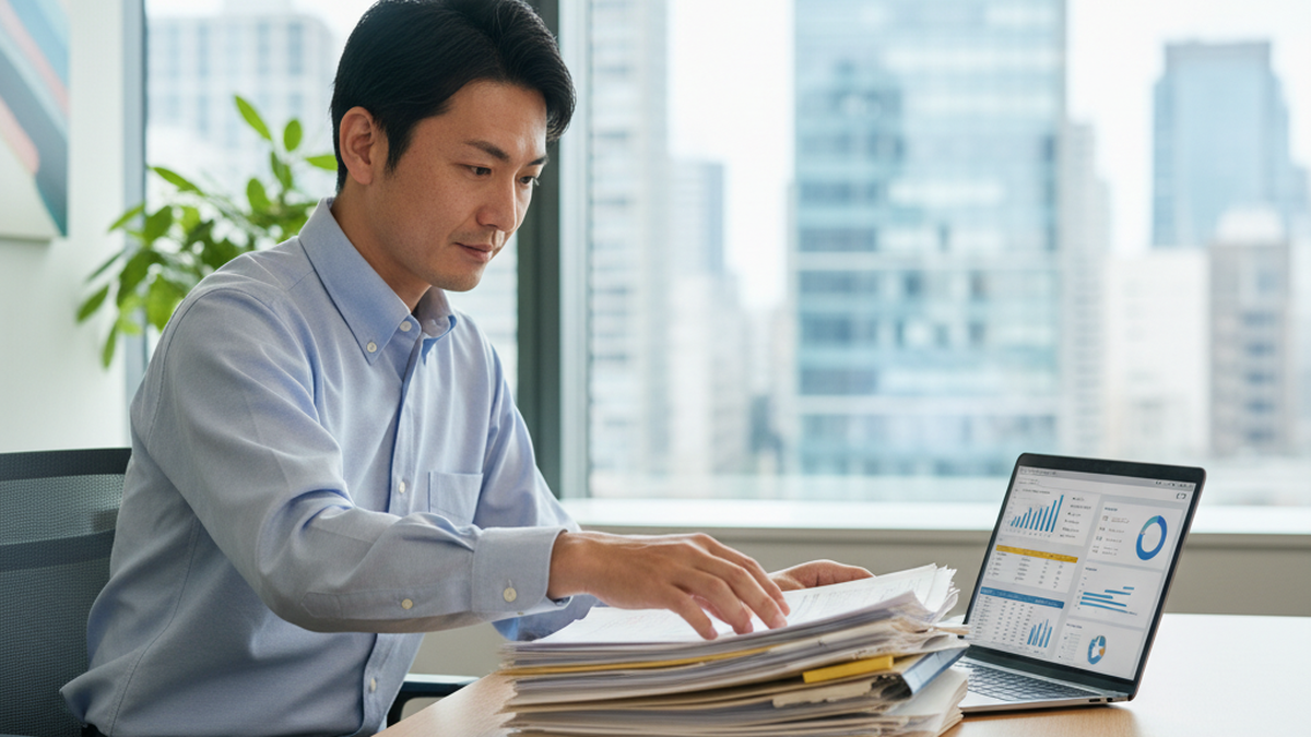バックオフィス効率化 — 紙の書類からデジタルツールへの移行を進めるビジネスパーソン