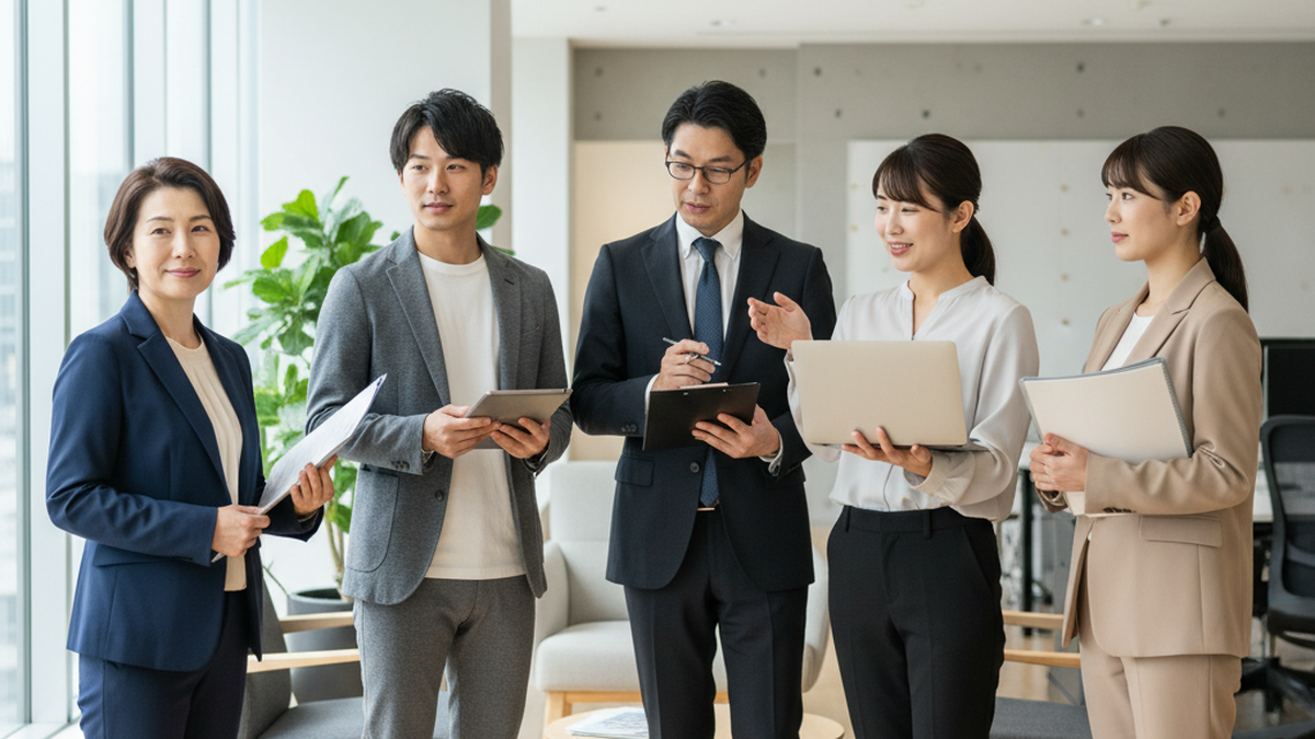 バックオフィスの主な業務一覧 — 経理・人事・総務・法務・情報システムなど多様な専門人材が揃うオフィス風景