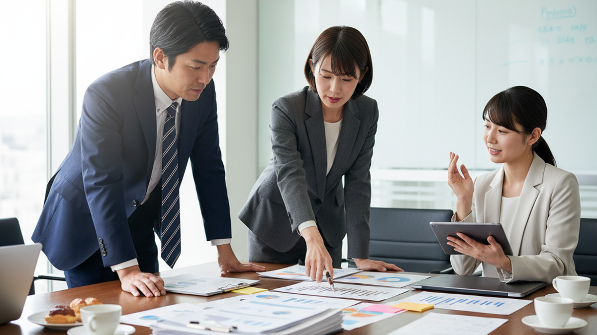 会議室で外注先選定について議論する3名のビジネスパーソン