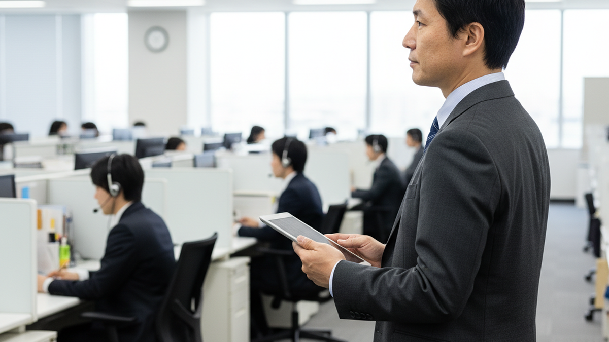 タブレットを持ちコールセンターフロアを見渡すスーパーバイザー