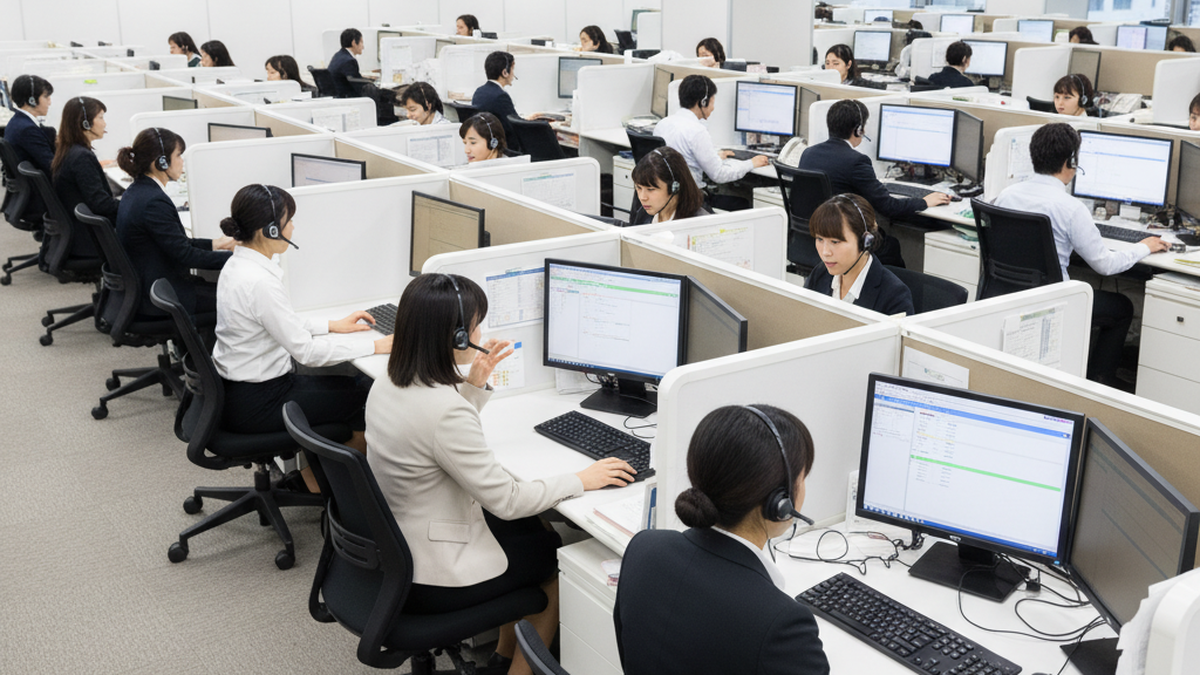 コールセンターフロアで業務中のオペレーターたち。インバウンドとアウトバウンドの違いを表す実務風景