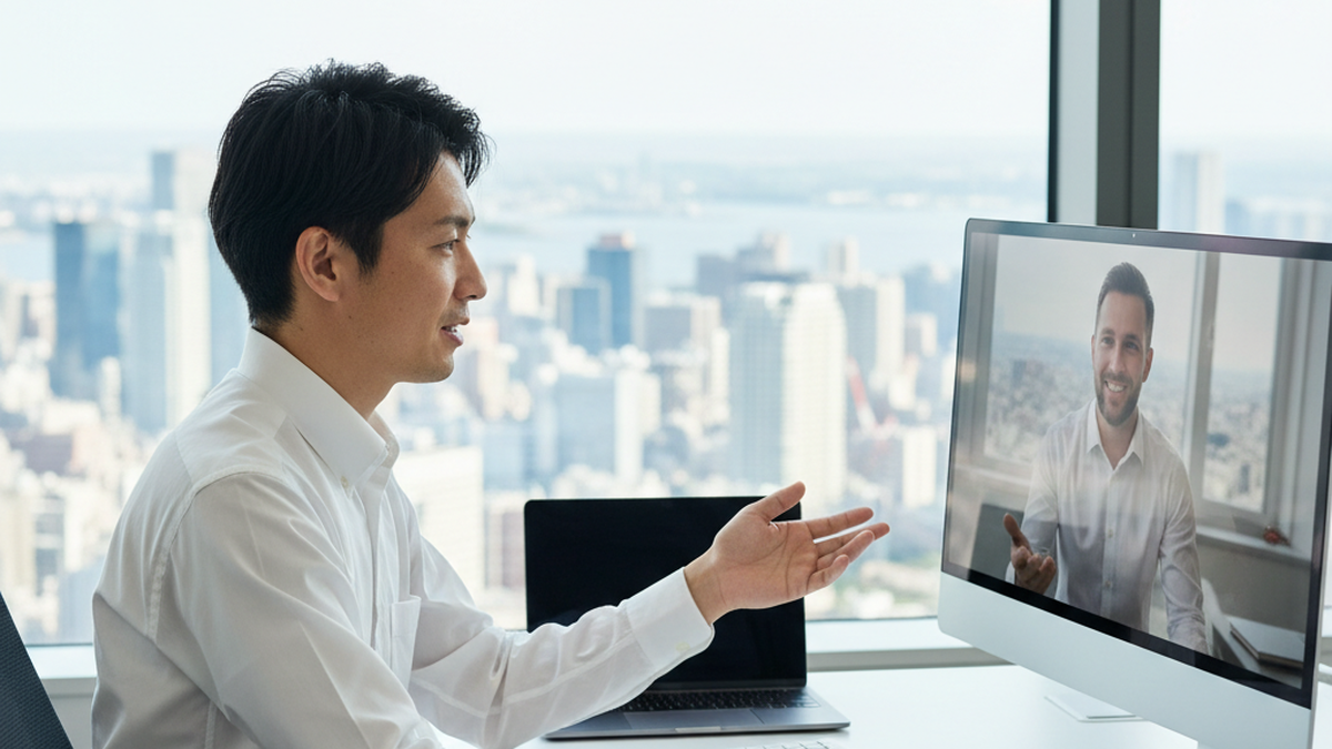 オンライン商談のメリット — 都市を一望するオフィスからリモートで商談を行うビジネスパーソン