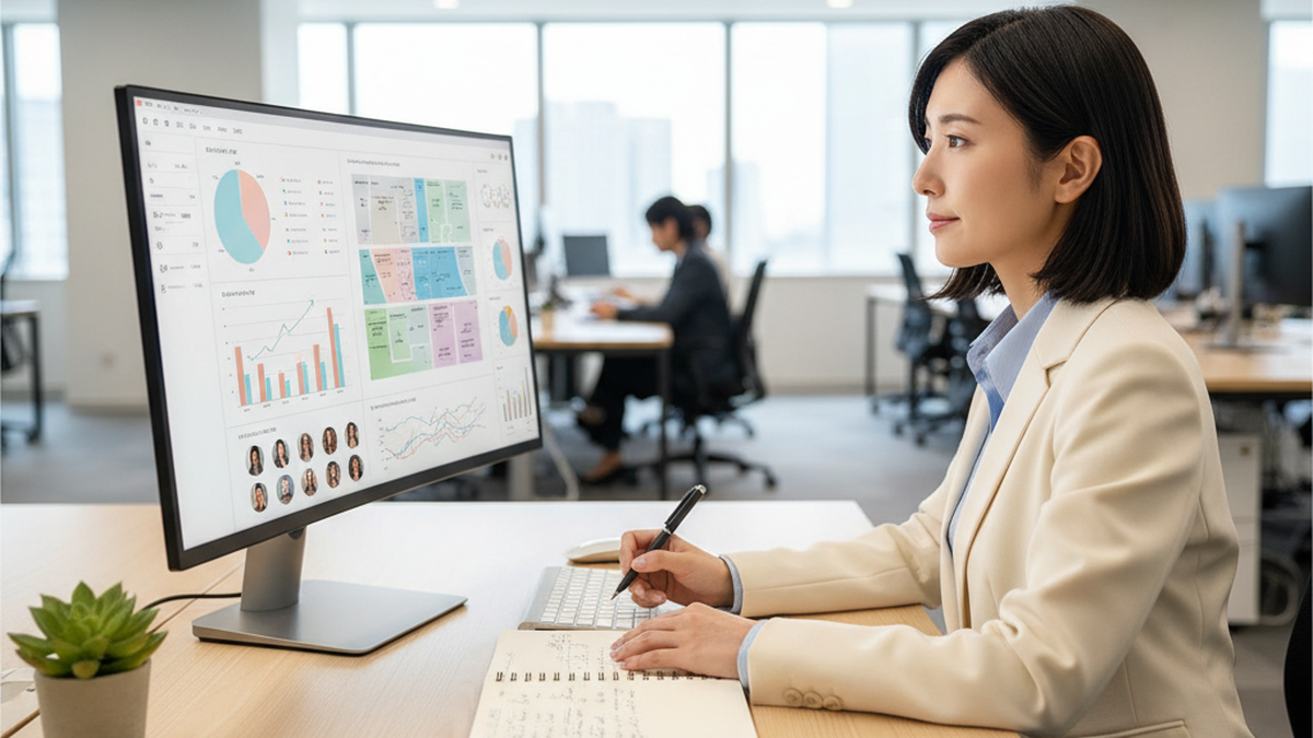 マーケティング担当者がダッシュボードでセグメンテーションデータを分析している風景
