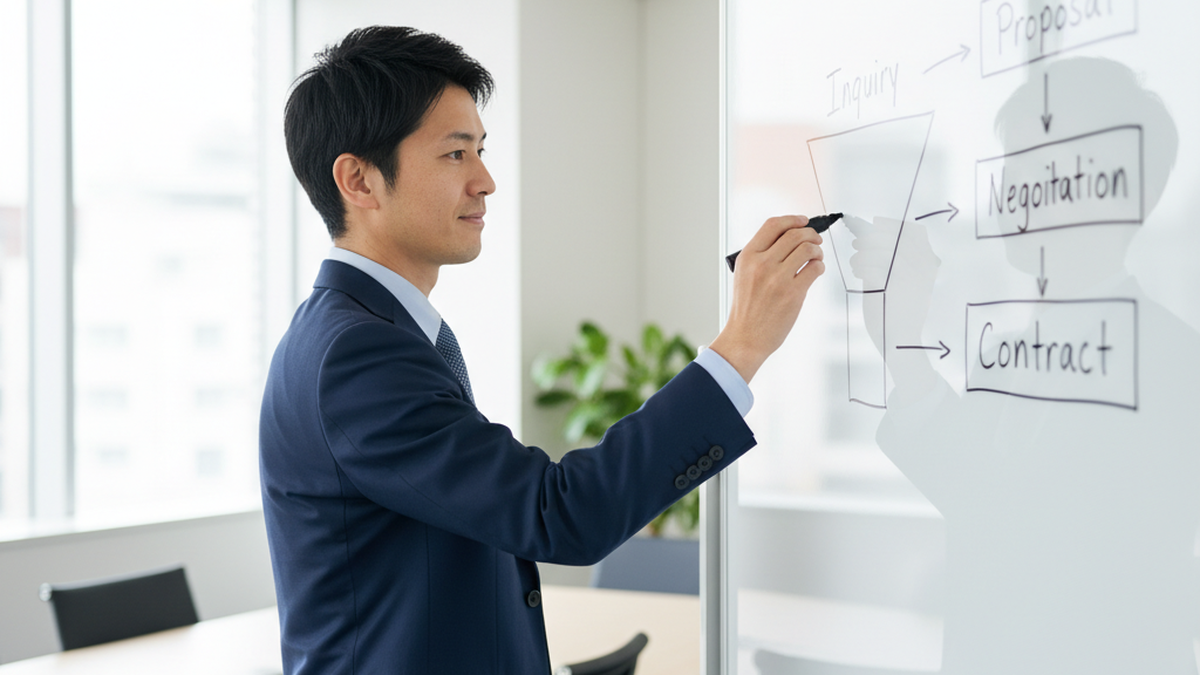 ホワイトボードにThe Model型分業フロー図を描くビジネスパーソン