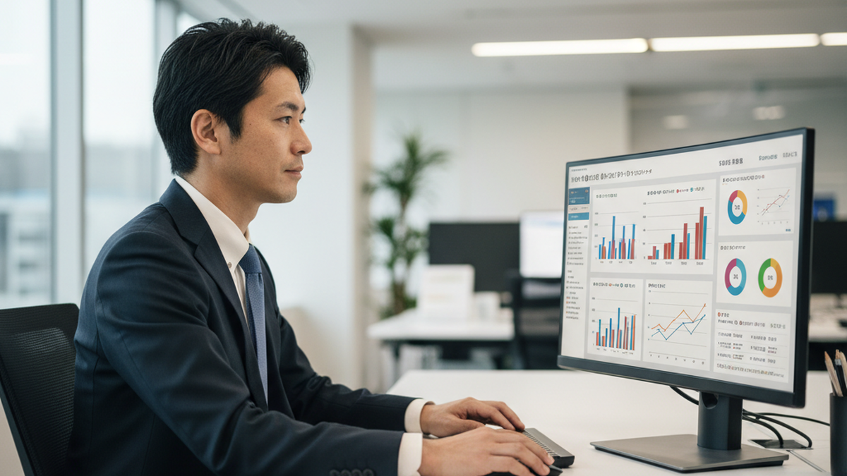 大型モニターのKPIダッシュボードでデータを分析するビジネスパーソン