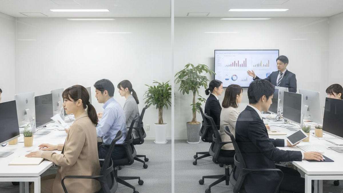 ガラスパーティションで隔てられた2つのチームが別々に作業するオフィス