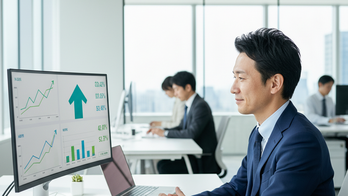 上昇トレンドのKPIダッシュボードを確認するビジネスパーソン