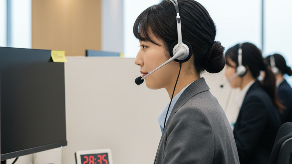 通話時間を確認しながらクレーム対応するコールセンターオペレーター
