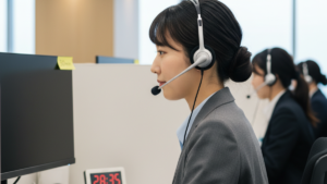 通話時間を確認しながらクレーム対応するコールセンターオペレーター