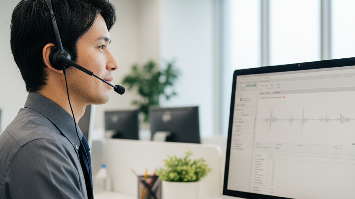 録音ソフトの波形が表示されたモニター前で冷静に通話対応するオペレーター