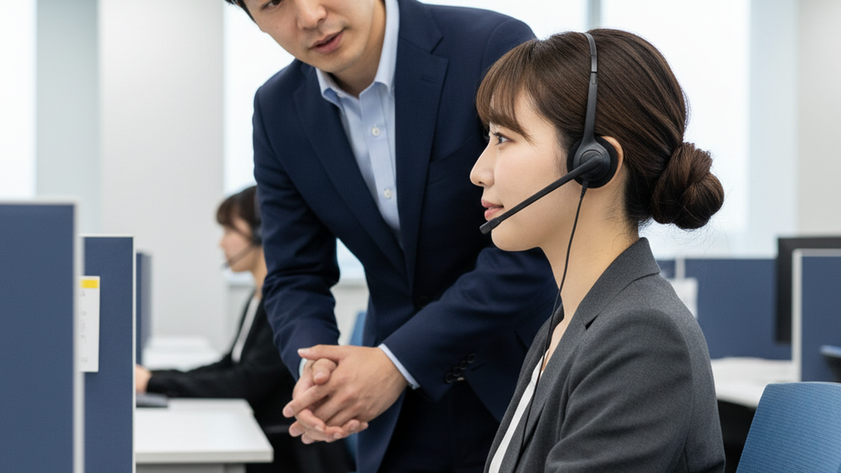 保留中にSVに相談するコールセンターオペレーター