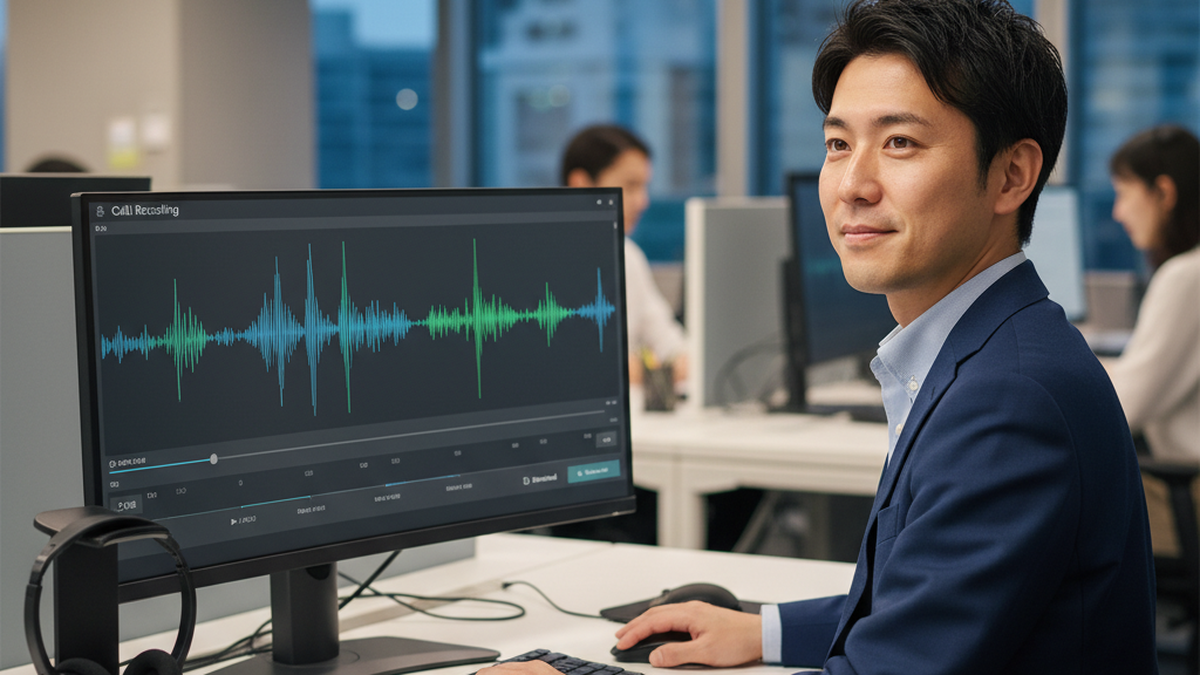 通話録音ソフトの音声波形が表示されたモニターとヘッドセット