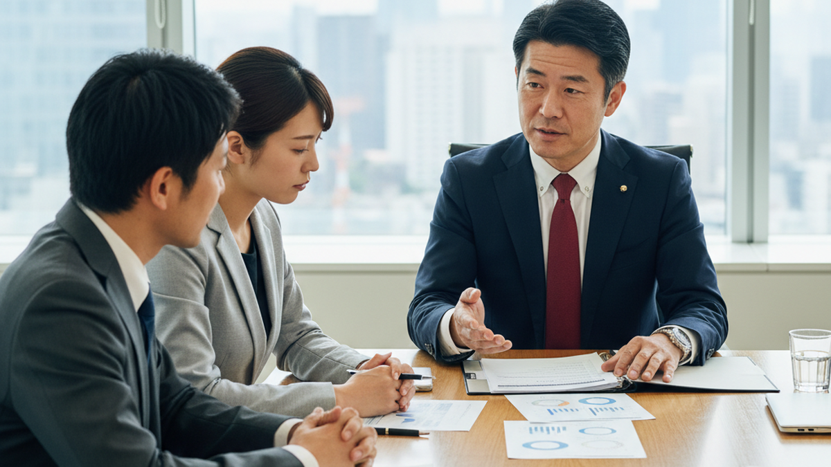 会議室で対応ガイドラインを説明する法務担当者
