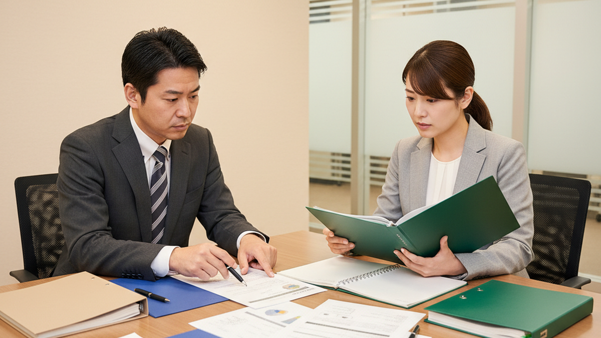 テレマーケティングのデメリット — スクリプトやマニュアルを前に真剣に打ち合わせするビジネスパーソン