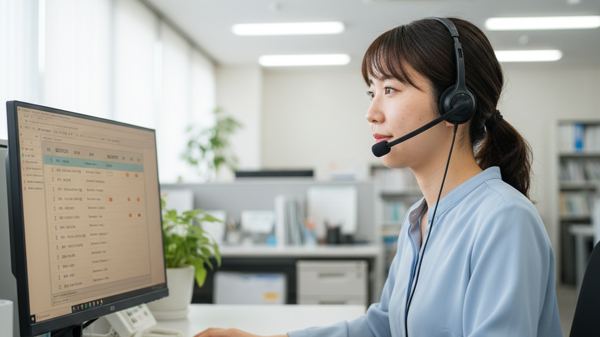 ヘッドセットを着用したヘルプデスク担当者がチケット管理画面を見ながら問い合わせに対応している様子