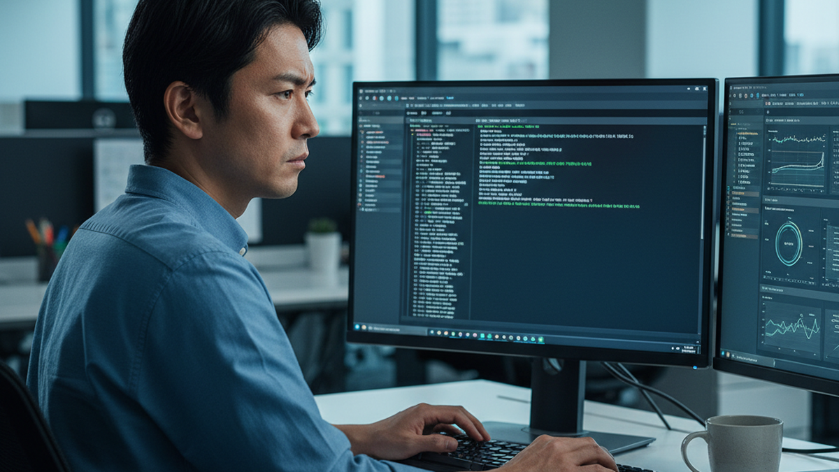 テクニカルサポートエンジニアがログ解析画面を確認しながら技術的な障害調査を行っている様子