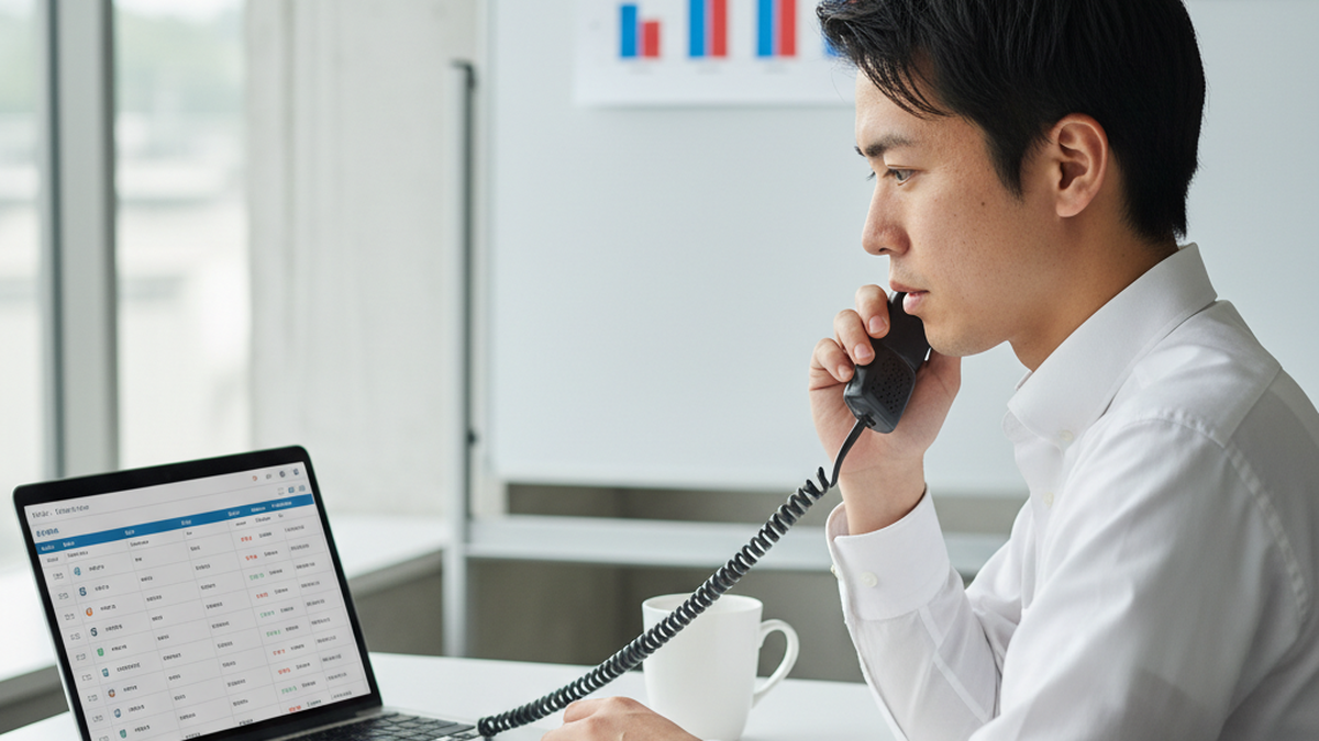 架電リストを確認しながらテレアポ業務を行うビジネスパーソン